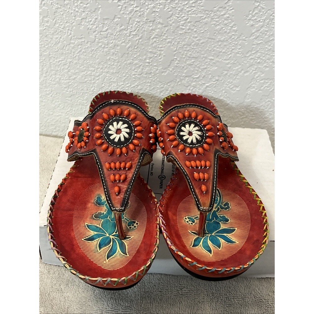 Elite Corky's Sandals Leather Colorful Hand Painted Floral Sz 10 Beaded Beach 41